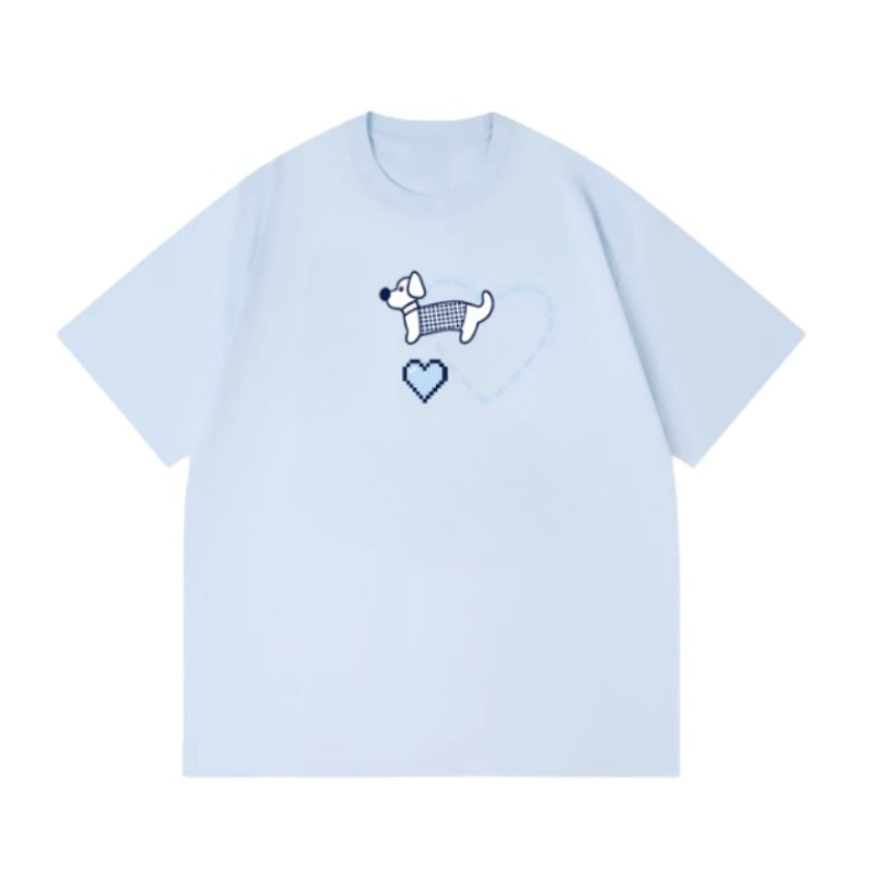 Blue Loose-Fit T-Shirt with Puppy Print