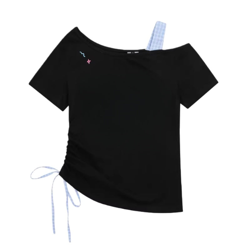 Elegant Drawstring Loose-Fit Black T-Shirt