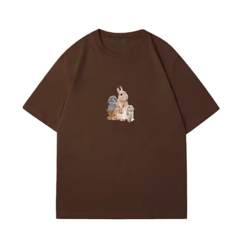 Vintage Brown Cute Bunny Print T-Shirt