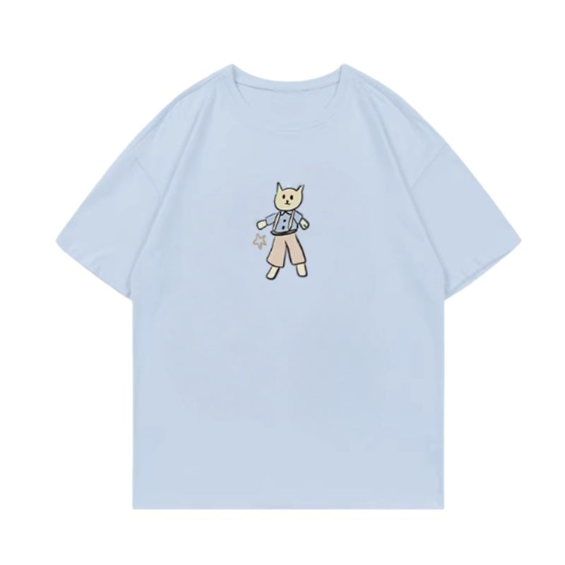 Blue T-Shirt with Hand-Painted Cat Print