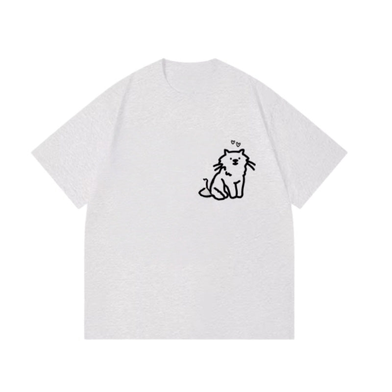 White and Gray Cat Print T-Shirt