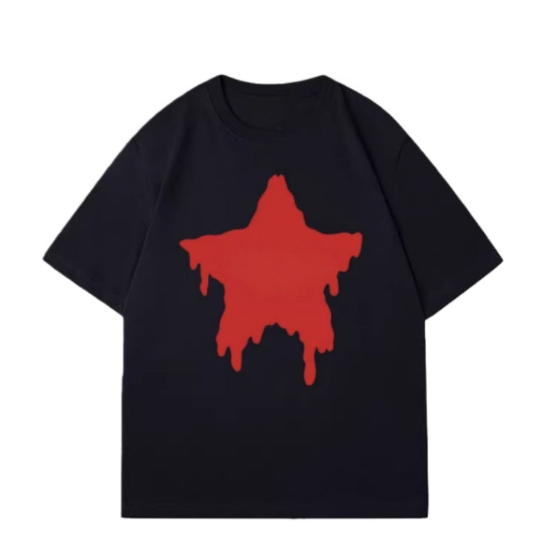 Black T-Shirt with Red Star Graffiti Print