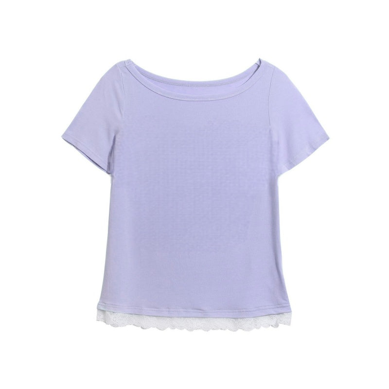 Purple T-Shirt with Elegant Lace Panel