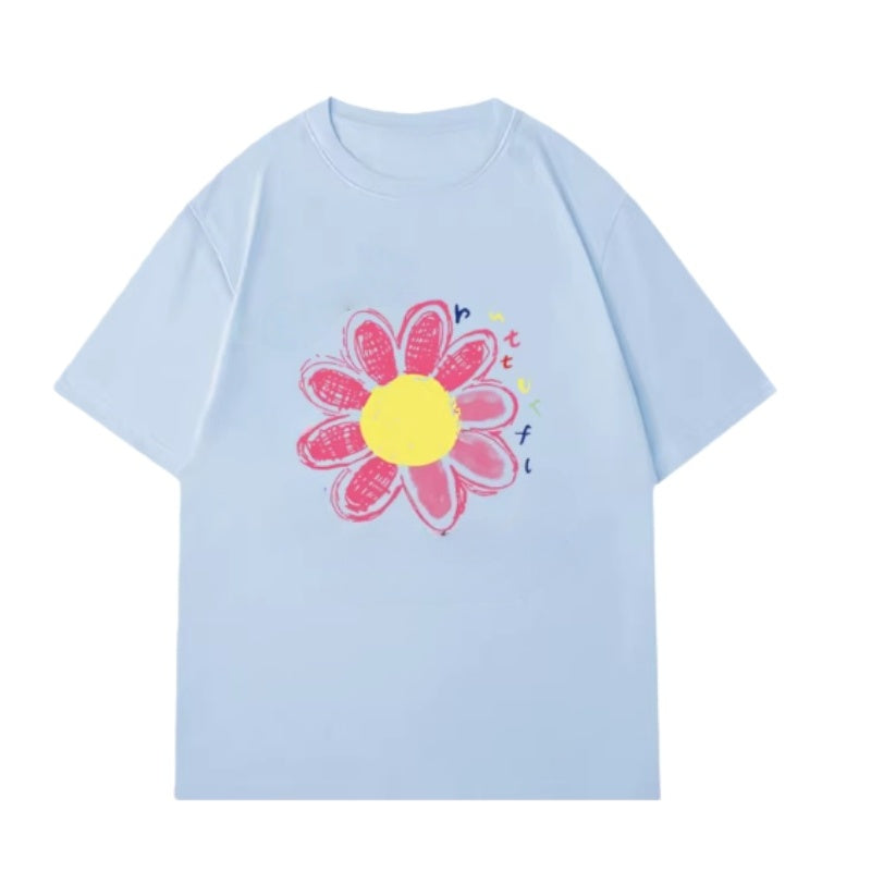 Trendy Apricot T-Shirt with Graffiti Flower Print